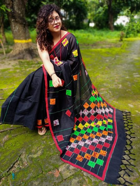 Black Pure Handloom Cotton Saree From Bengal