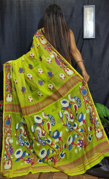 Mustard Green Flower Design Dhakai Jamdani Saree From Bengal