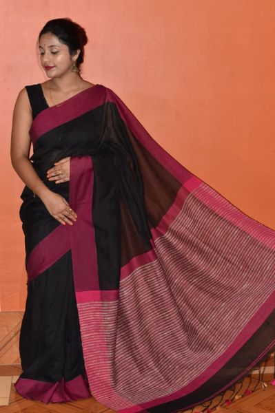 Black Plain Cotton Saree From Bengal