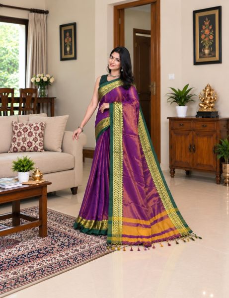 violet Pure Handloom Tissue Saree From Bengal