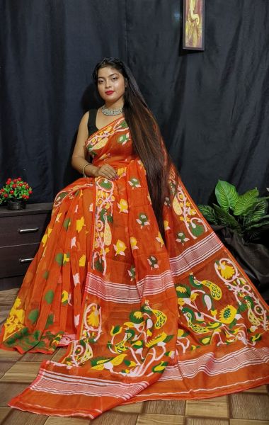 Orange Flower Design Dhakai Jamdani Saree From Bengal