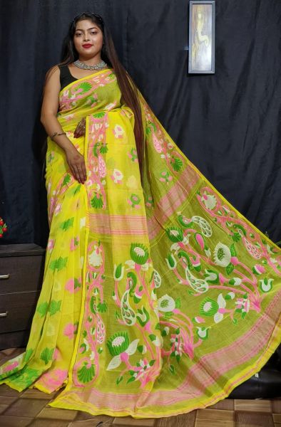 Mustard Yellow Flower Design Dhakai Jamdani Saree From Bengal