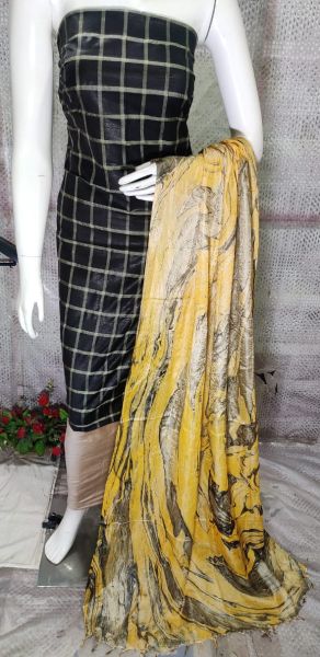 Black Katan Silk Suit Material With Yellow Pure Silk Kela Resham Marble Print Dupatta