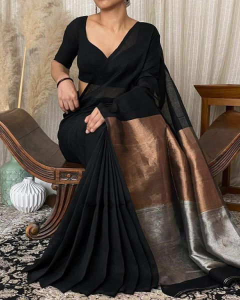 Black Plain Cotton Saree From Bengal