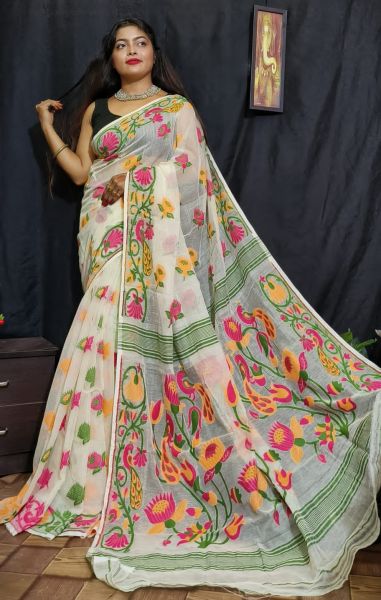 Off White Flower Design Dhakai Jamdani Saree From Bengal
