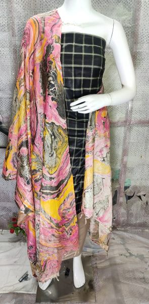 Black Katan Silk Suit Material With Pure Silk Kela Resham Marble Print Dupatta