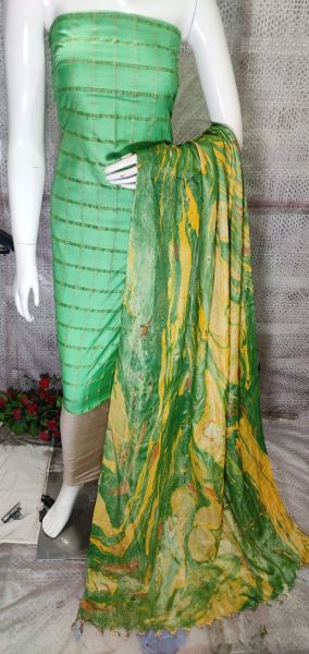 Teal Green Katan Silk Suit Material With Pure Silk Kela Resham Marble Print Dupatta