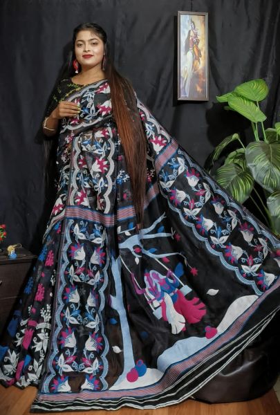 Charcoal Black Dhakai Jamdani Saree From Bengal