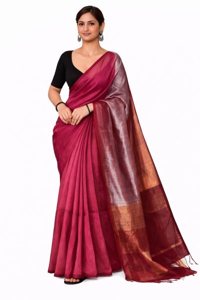 Pink Golden Silver Pure Handloom Cotton Saree From Bengal