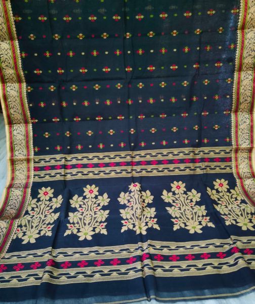 Black Pure Handloom Cotton Tangail Tant Saree From Bengal