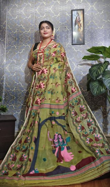 Olive Green Dhakai Jamdani Saree From Bengal