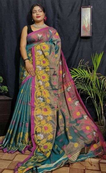 Aqua Green Tissue Cotton Saree From Bengal