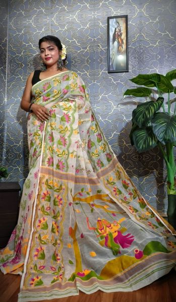Off White Flower Design Dhakai Jamdani Saree From Bengal