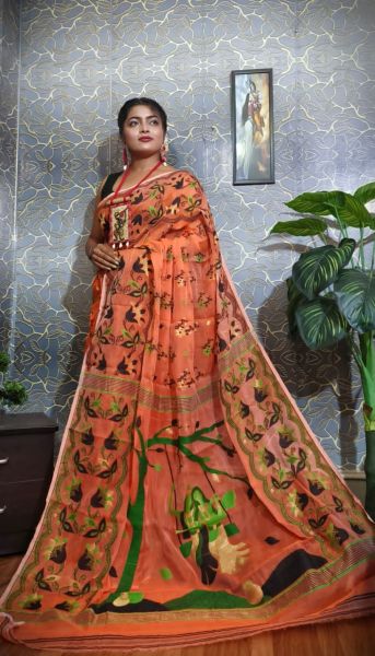 Orange Dhakai Jamdani Saree From Bengal