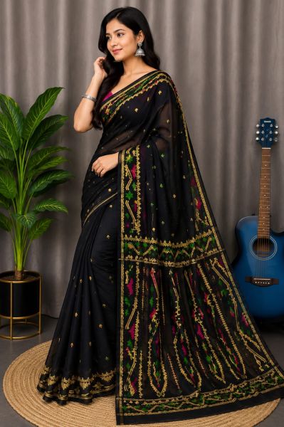 Black Pure Handloom Dhakai Jamdani Saree From Bengal