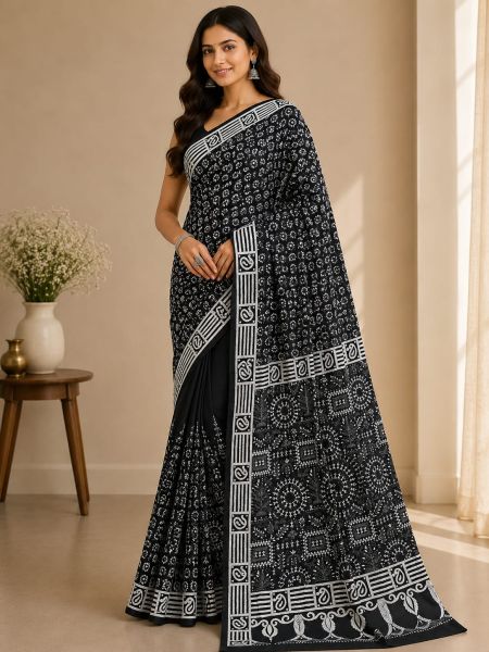 Black Pure Handloom Semi Silk Kanthastitch Saree From Bengal