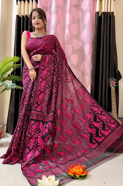 Black Pink Butta Printed Work Dhakai Jamdani Cotton Saree From Bengal