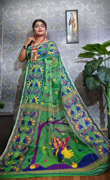 Leaf Green Dhakai Jamdani Saree From Bengal