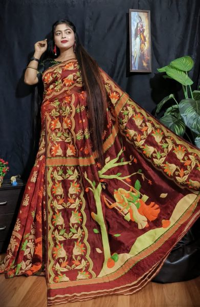 Brick Red Dhakai Jamdani Saree From Bengal