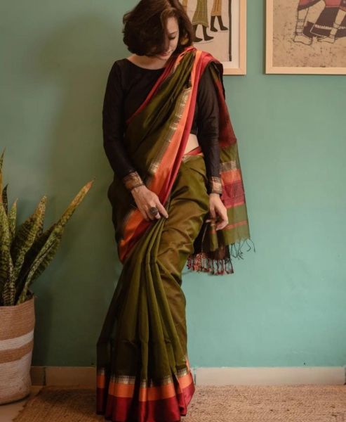 Mehandi Green Silk Cotton Saree From Bengal