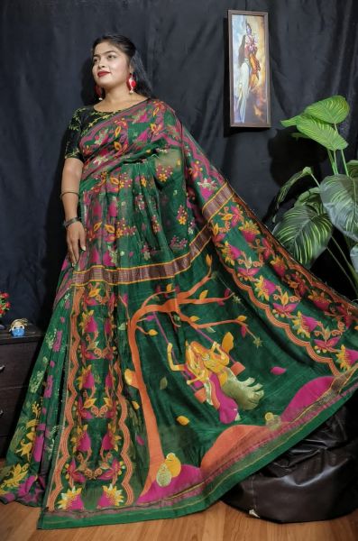 Dark Green Dhakai Jamdani Saree From Bengal