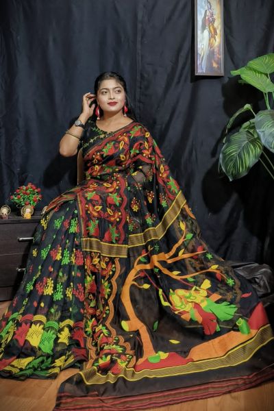 Black Dhakai Jamdani Saree From Bengal
