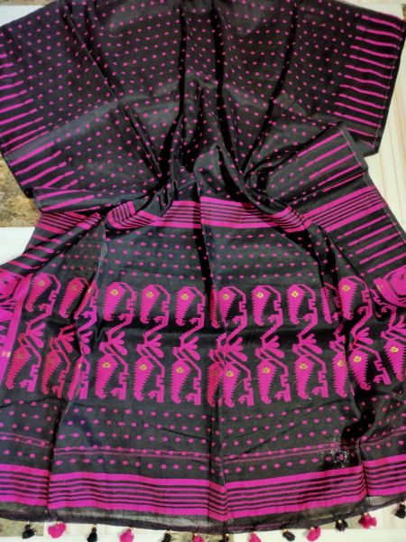 Black Pink Butta Cotton Saree From Bengal