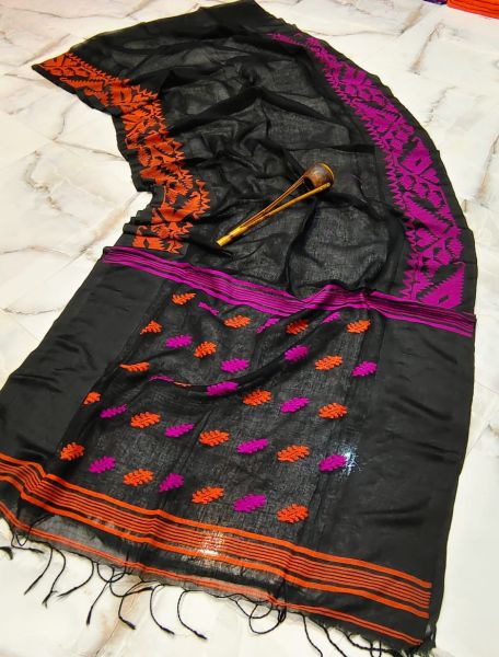 Black Butta Jamdani Linen Saree From Bengal