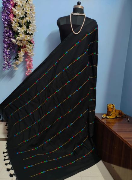 Black Embroidery Work Pure Handloom Cotton Saree