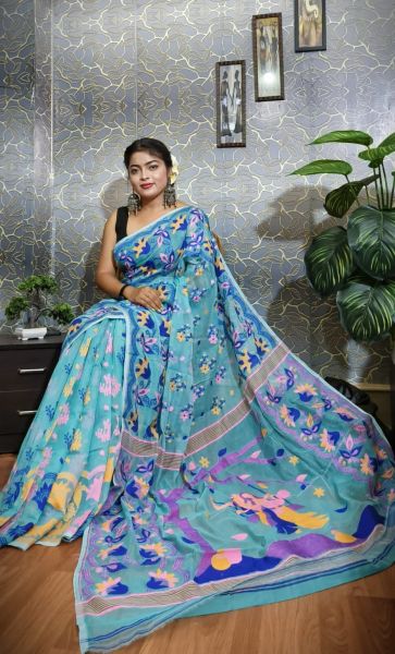 Blue Dhakai Jamdani Saree From Bengal
