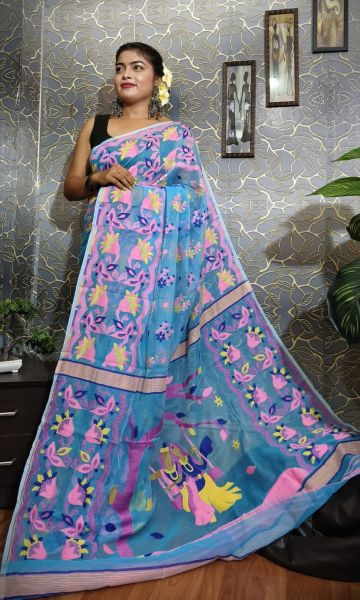 Sky Blue Dhakai Jamdani Saree From Bengal