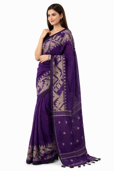 Voilet Linen Pure Handloom Saree From Bengal