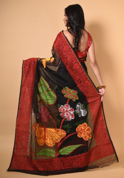 Black Butterfly Dhakai Jamdani Saree With Orange Border From Bengal