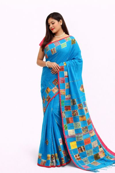 Blue Pure Handloom Cotton Saree From Bengal