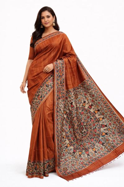 Brick Red Cultural Madhubani Pure Handloom Elegant Tassar Silk Saree
