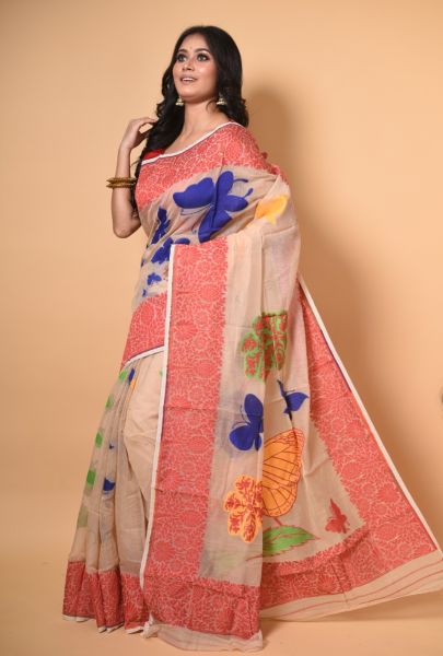 Light Peach Butterfly Dhakai Jamdani Saree From Bengal