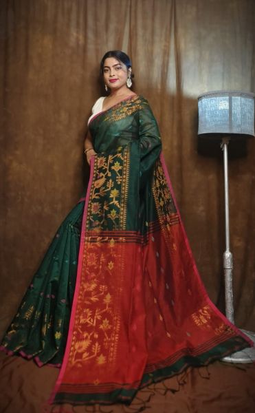 Green Silk Cotton Pure Handloom Cotton Saree