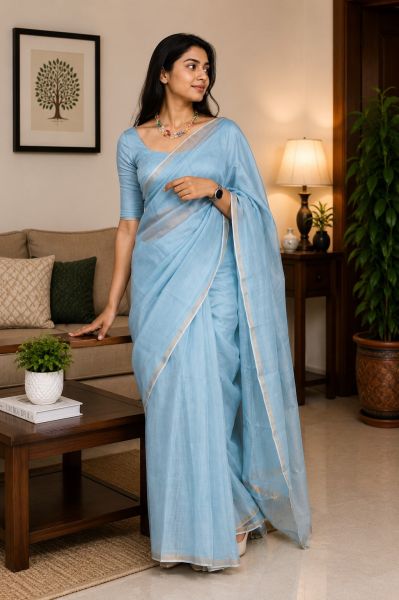 Sky Blue Pure Handloom Maslin Tussar Silk Saree From Bengal