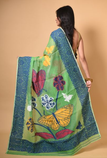 Light Green Butterfly Dhakai Jamdani Saree From Bengal