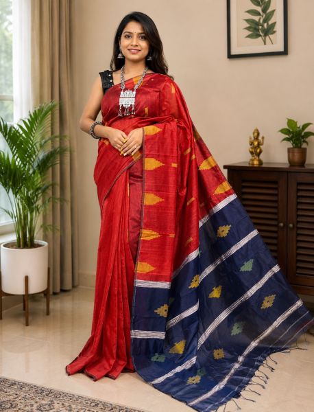 Rust Red Black Pure Handloom silk Cotton Saree From Bengal