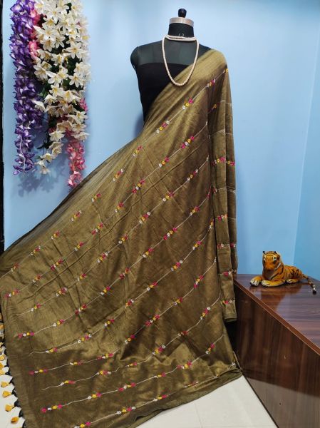 Beige Embroidery Work Pure Handloom Cotton Saree