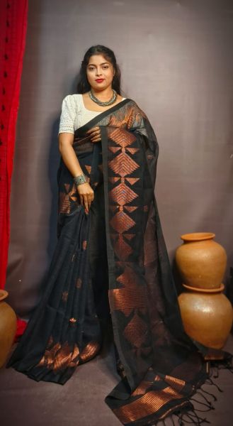 Black Pure Handloom Linen By Linen Saree From Bengal