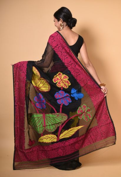 Black Butterfly Dhakai Jamdani Saree With Maroon Border From Bengal