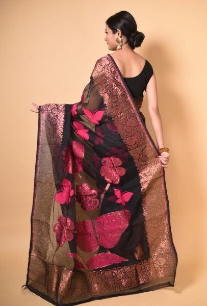 Black Butterfly Dhakai Jamdani Saree With Rose Gold Border From Bengal