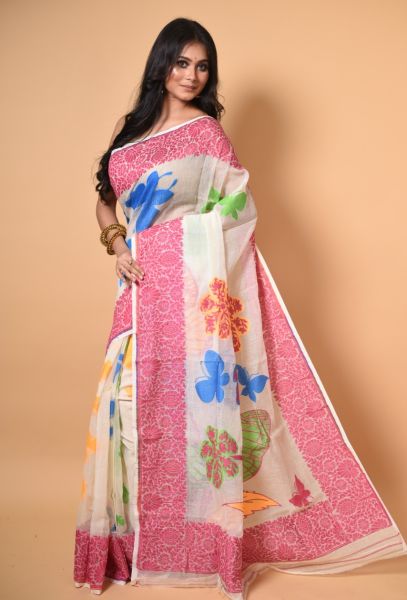 Off White Butterfly Dhakai Jamdani Saree From Bengal
