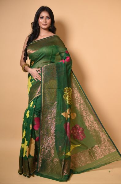 Dark Green Butterfly Dhakai Jamdani Saree From Bengal