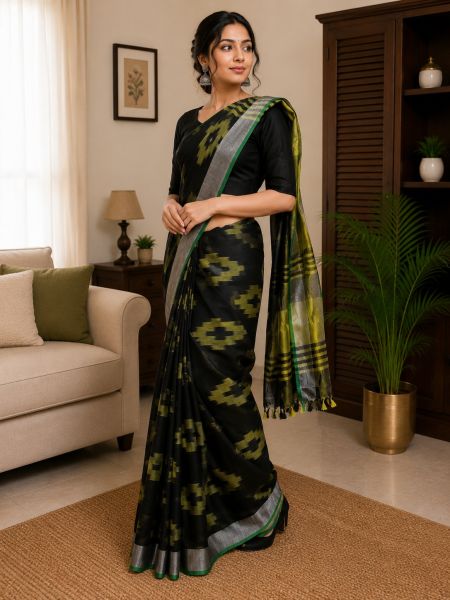 Premium Ikkat Linen Saree for Women with Rich Gold Zari Border, Lightweight Festive & Party Wear Saree