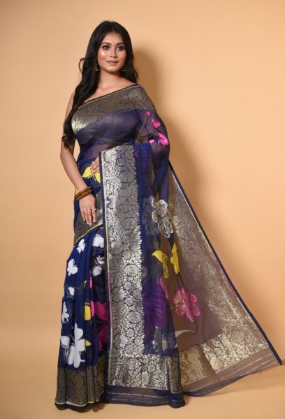 Cloud Burst Butterfly Dhakai Jamdani Saree With Silver Border From Bengal