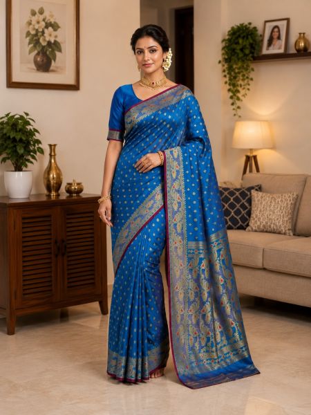 Peacock BluePure Handloom Dhakai Jamdani Saree From Bengal