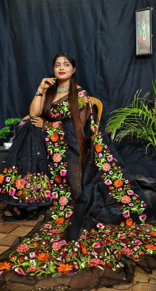 Black Embroidery Dobol Mina Work Pure Resham Maslin Saree